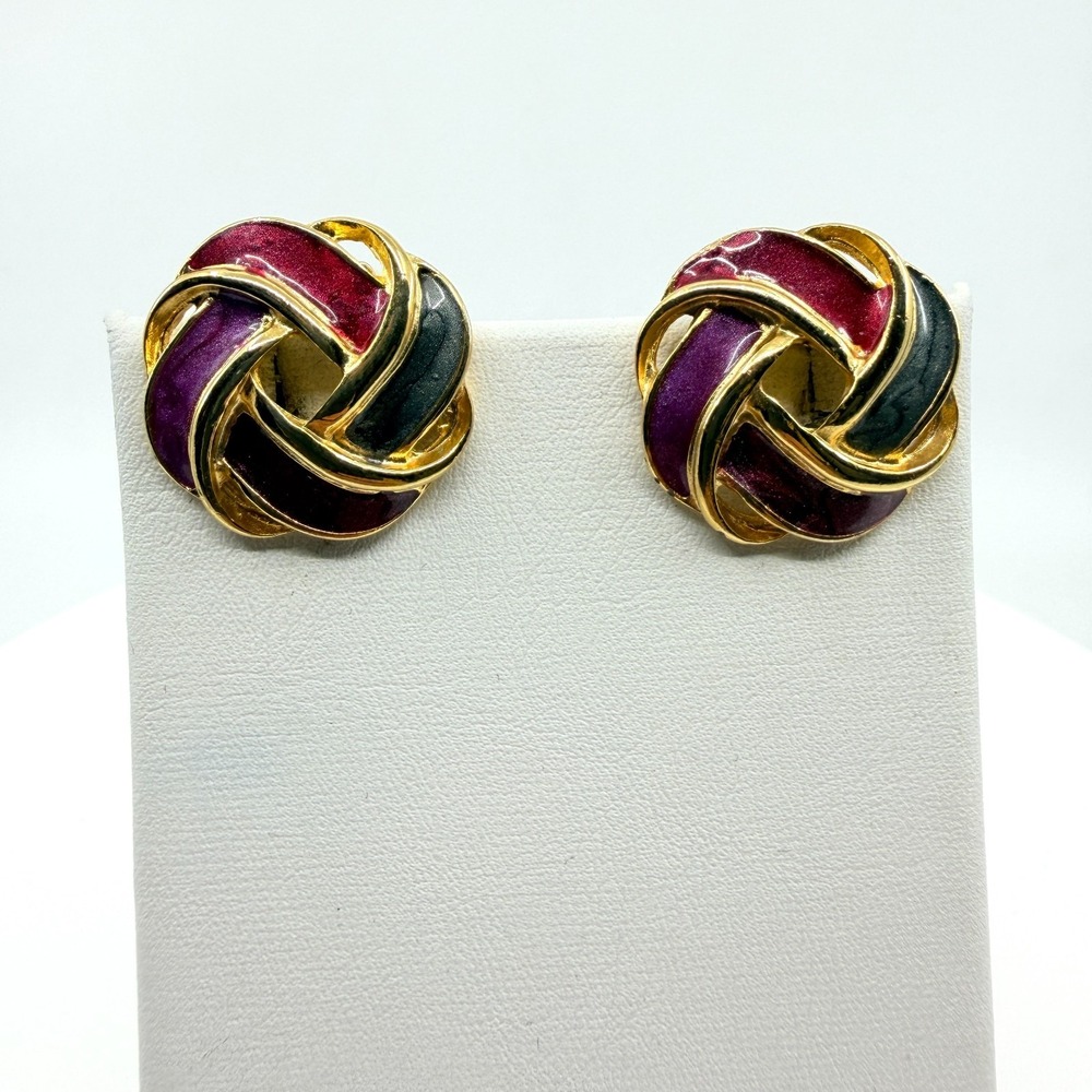 Vintage 80s Gold Tone Enamel Knot Clip-On Earrings USA Jewel Tone